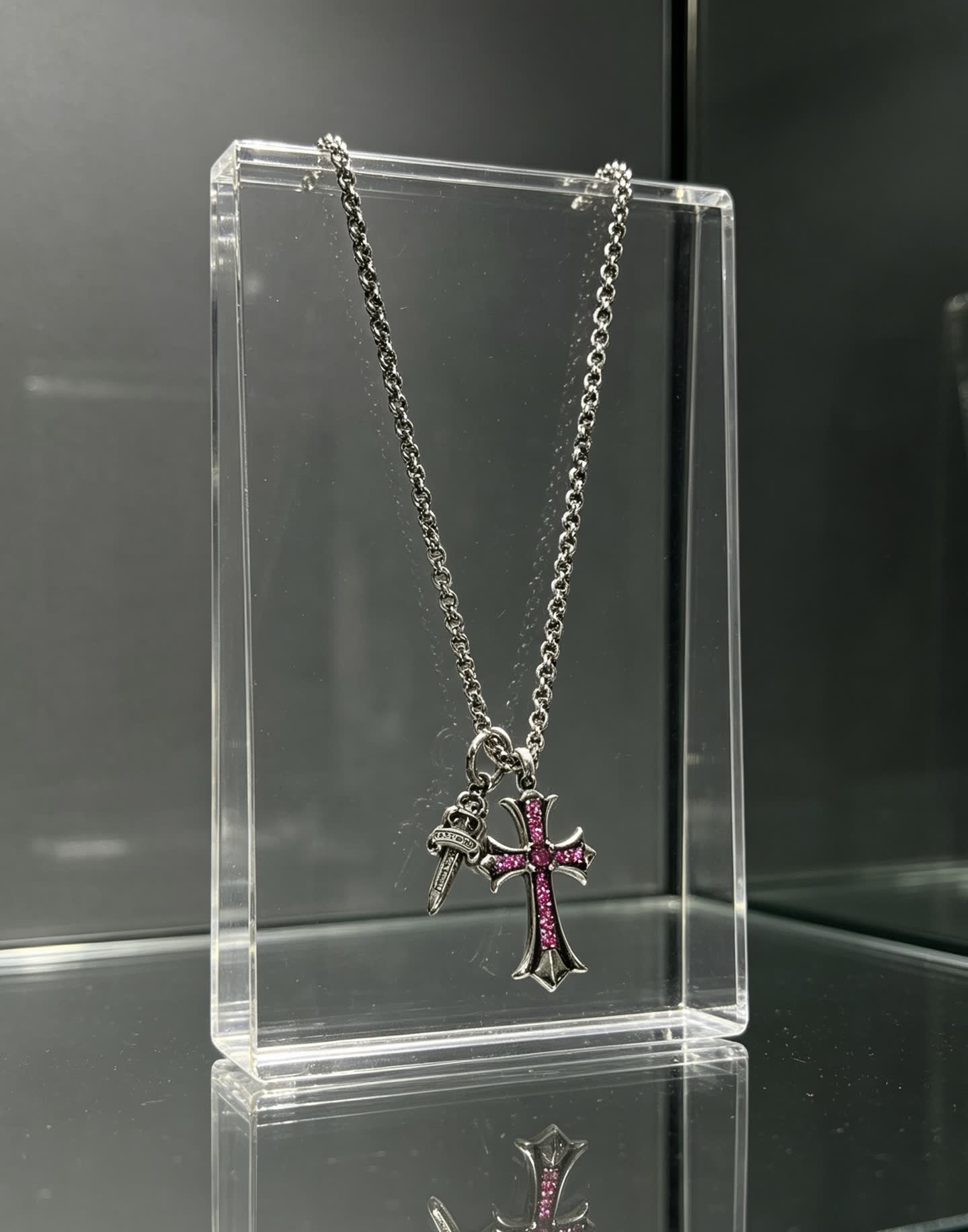 Chrome Hearts Silver Cross Pendant with Pink Stones